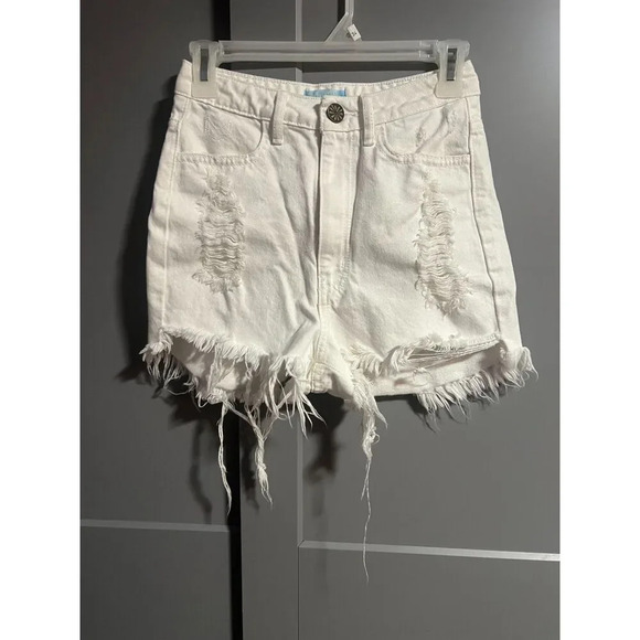 Show Me Your Mumu Blue Womens Wyoming High Waisted Shorts Fray Hem White Size 24 - Picture 1 of 8